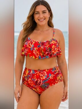 New SEXY LARGE Sunn Swim Lab Red Hawaiian two-piece ruffle Bikini HIGH waist